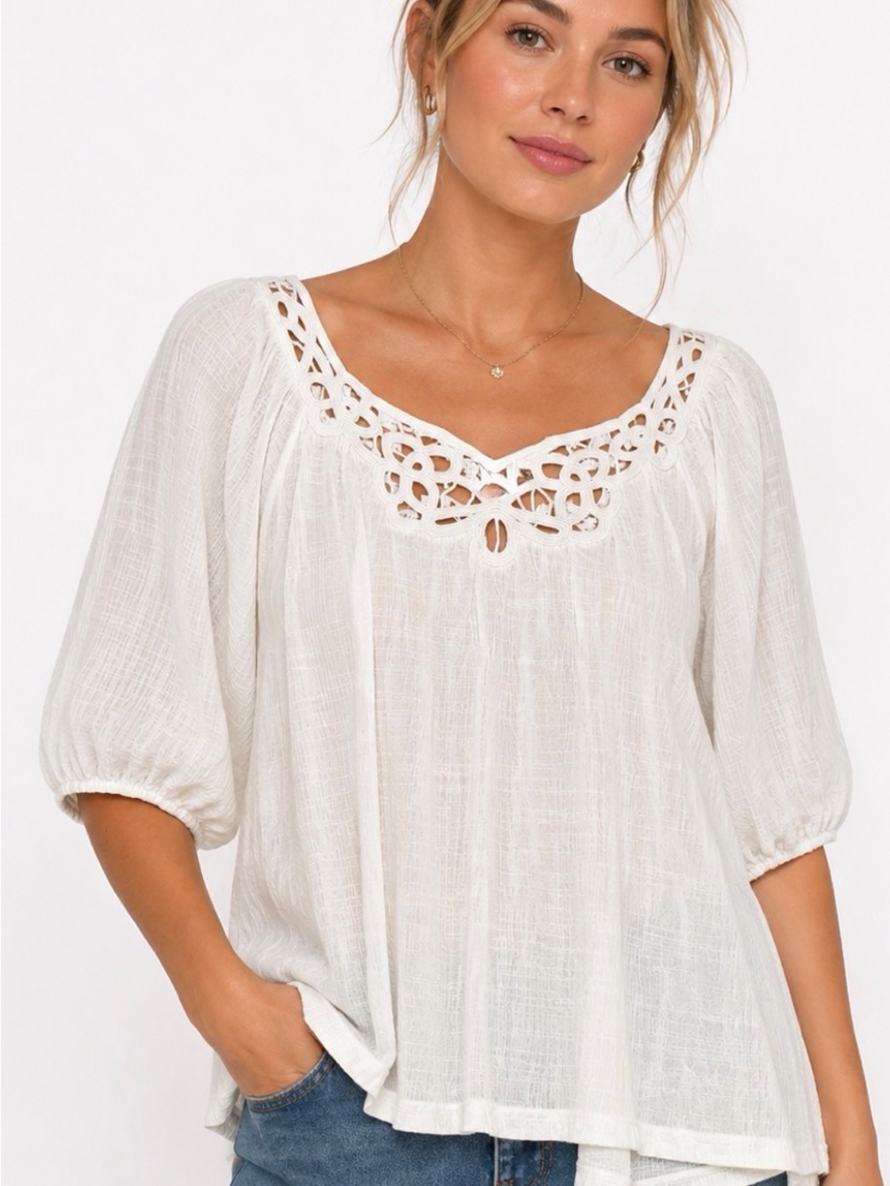Max Studio White Crochet-Trim Boho Peasant Tunic